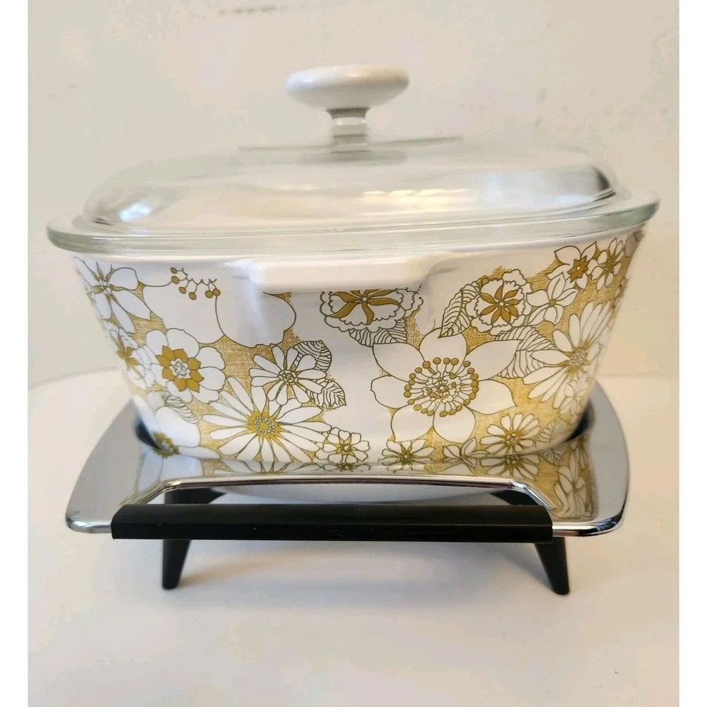 Vtg Corning Ware 1st Floral Bouquet Casserole With MCM Warmer P 2 1/2 B Qt RARE